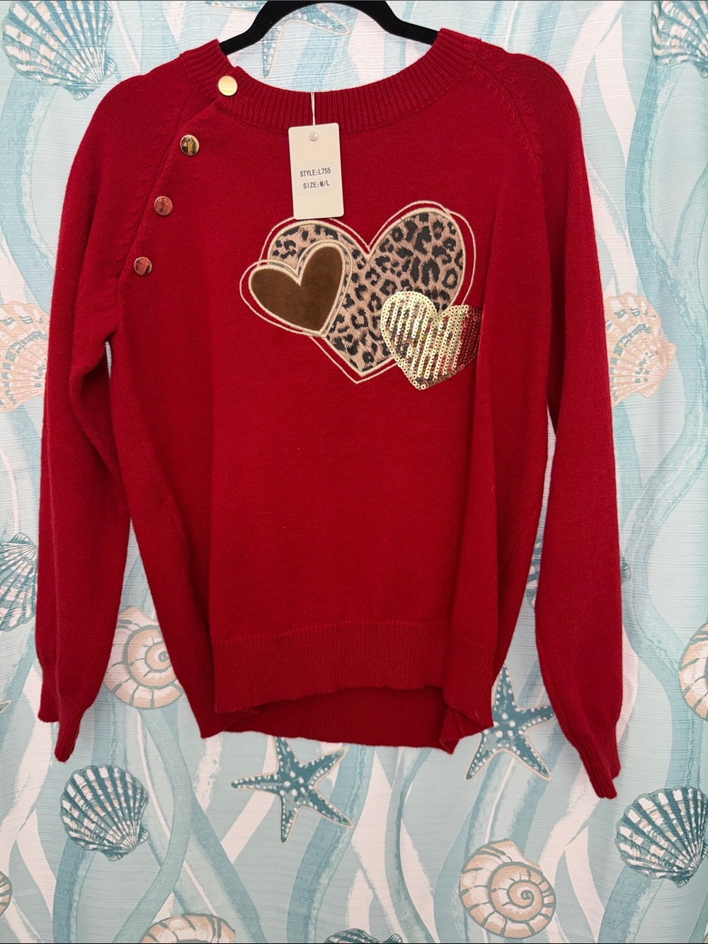 Red Heart-Appliqué Crewneck Sweater - Unbranded